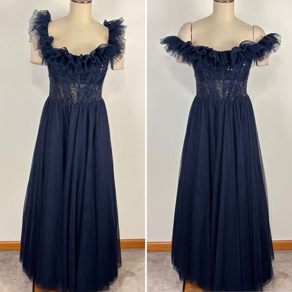 City Vibe Dillards Navy Blue Sequin Lace Tulle Prom Dress Size 9 Corset Gown